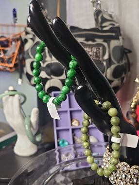 Green Beaded Stretch Bracelet Duo - Dark and Light Jade Tones